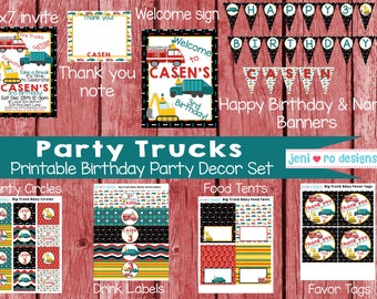 Party Trucks Birthday, Printable Party Decor Set, Truck birthday, Fire truck, Garbage Truck, Digger, Truck party, Party invite, Personalized