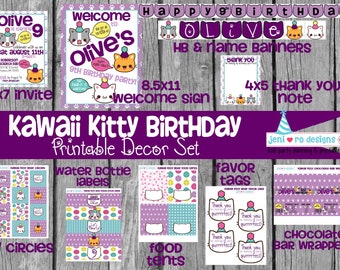 Kawaii Kitty Birthday, Printable Party Set, Kawaii birthday, Kitty party, Birthday cats, Kawaii cats, Birthday decor, Personalized