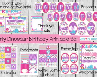 Girly Dinosaur Birthday Printable Set, Printable Decor set, Birthday decorations, Party invite, Dinosaur Party, Cute dinosaurs, Personalized