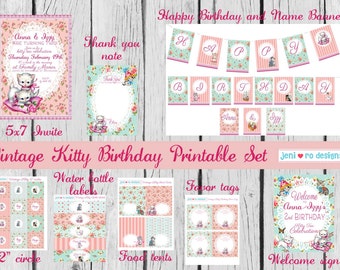 Vintage Kitty Birthday, Printable Party Decor Set, Birthday Invitation, Kitty birthday, Vintage Kitten, Birthday decorations, Personalized