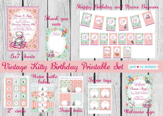 Vintage Kitty Birthday, Printable Party Decor Set, Birthday Invitation, Kitty birthday, Vintage Kitten, Birthday decorations, Personalized Il_570xn