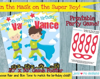 Party Game, Pin the Mask on the Super Hero Boy, Superhero Birthday, Superboy, Birthday game, Printable Party game, Personalized