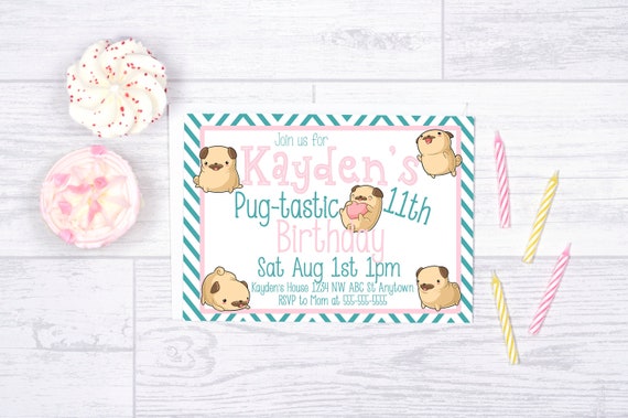Pug Birthday, Printable Pug Birthday invitation, Pug Party invite, Pug Puppy, Cute Pugs, Pug Birthday invite, Personalized Il_570xn