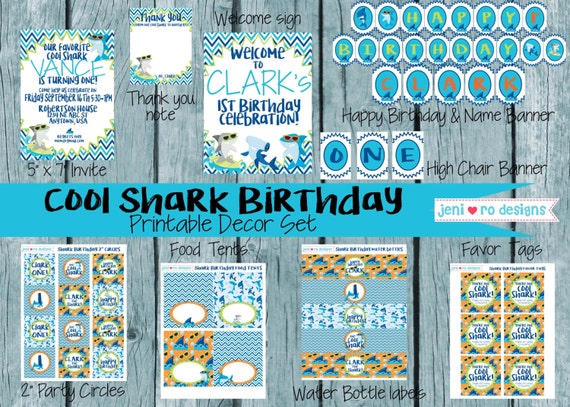 Cool Shark Birthday Decoration Set, Printable party set, Party invite, Surfer shark, Shark birthday, Sharks, Birthday Decor, Personalized Il_570xn