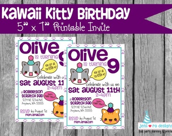 Kawaii Kitty Birthday, Printable Invitation, Kawaii Party invite, Kawaii birthday, Kitty party, Birthday cats, Kawaii cats, Personalized