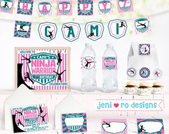 Ninja Warrior Birthday, Pink and teal, Printable Party Decor Set, Birthday invitation, Girl Parkour Party, Girl Ninja warrior, Personalized