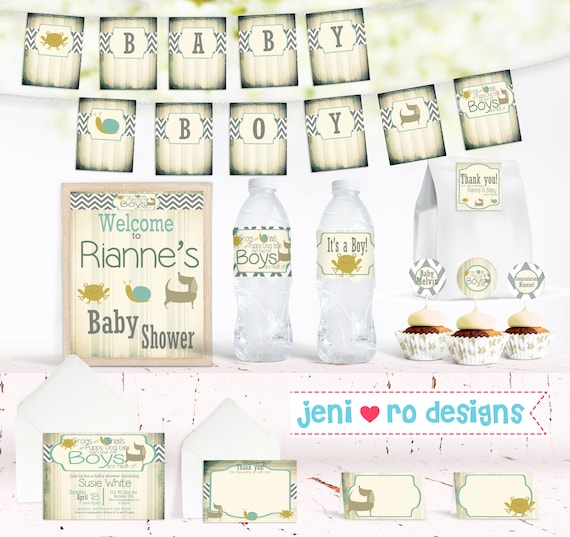 Frogs Snails and Puppy Dog Tails Baby Shower Printable Party Set, Baby shower decorations, What little boys are made of, Personalized Il_570xn