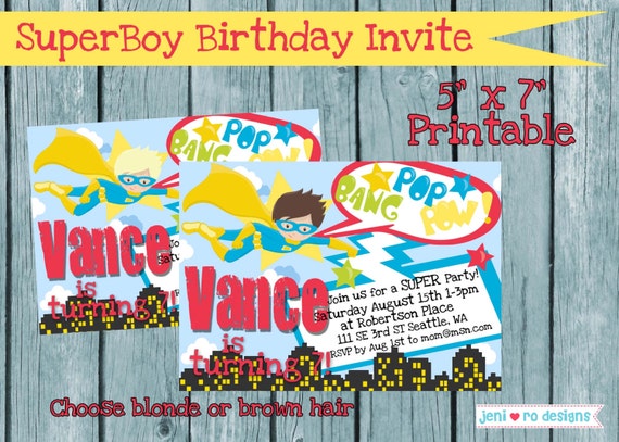 Super Boy Birthday, Printable Birthday Party Invitation, Birthday invite, Party invite, Superboy, Superhero Birthday, Personalized Il_570xn