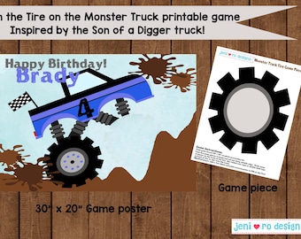 Monster Truck Birthday Party Game, Pin the Tire on the Monster Truck, Inspired by, Blue and Black, Kids birthday game, Personalized