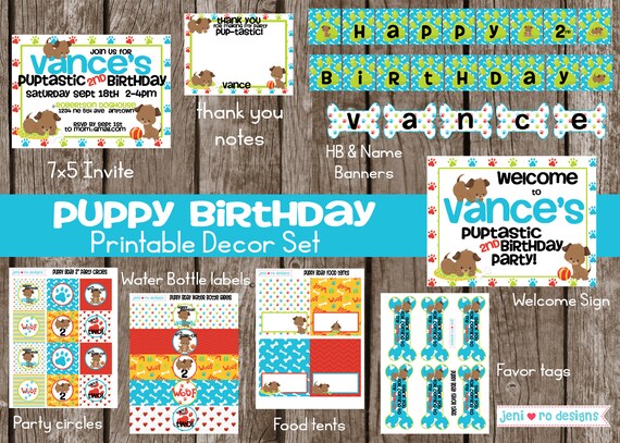 Puppy Birthday Decor Set, Printable Party set, Party invite, Birthday decorations, Dogs, Dog Birthday, Puppies, Puppy Party, Personalized Il_570xn