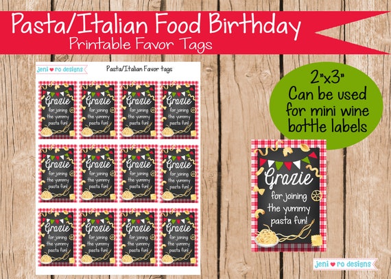 Pasta Italian Food Birthday, Printable Favor Tags, Favors, Party favors, Homemade Pasta, Pasta Party, Italy, Instant download Il_570xn