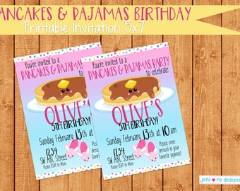 Pancakes & Pajamas Birthday, Printable party invitation, Birthday invite, Pancakes, Pjs, Pajamas, morning party, Party invite, Personalized