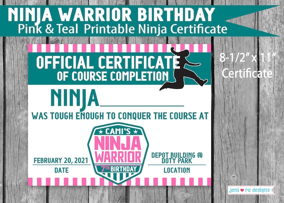 Ninja Warrior Printable Certificate Pink and Teal Girl | Etsy
