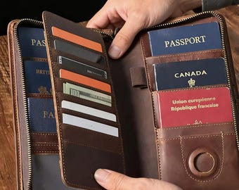 Personalized Leather Passport Holder, RFID Blocking Travel Wallet with Multiple Pockets, Custom Family Passport Organizer for Men Women