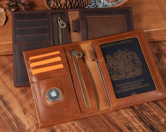 Personalized Leather Passport Wallet with RFID Blocking, AirTag Slot, Custom Engraved Travel Organizer