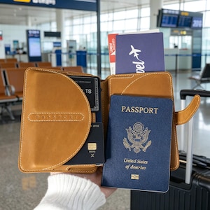 May include: A tan leather passport holder with white stitching, featuring slots for credit cards and a document pocket. A dark blue United States passport is tucked into the front, while a purple travel document is visible in the back slot.