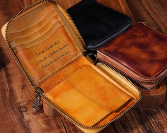 Personalized EDC Slim Wallet Leather, Minimalist Bifold Wallet with Zipper, Compact Mens Wallet, Small Travel Wallet, Ultralight Pouch