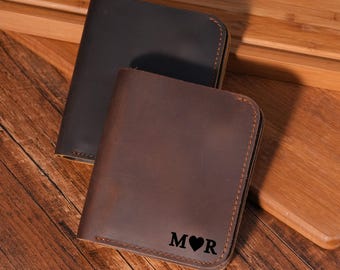 Personalized Mens Slim Bifold Wallet, Aged Leather  Wallet Gift for Him, Vintage Leather Card Holder