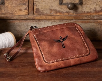 Personalized Small Coin Purse for Women, Handmade Distressed Leather Card Holder, Retro Pocket Wallet, Unique Gift for Her