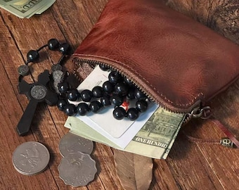 Personalized Leather Rosary Pouch, First Communion Gift, Confirmation Gift, Catholic Prayer Purse, Handmade Coin Wallet, Christian Keepsake