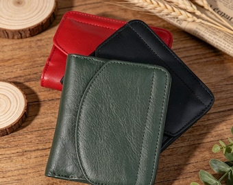 Genuine Leather Slim Wallet, Full Grain Cowhide Bifold Wallet, Anti Magnetic Minimalist Purse, Unisex Aesthetic Pocket Wallet for Daily Use