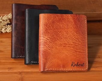 Personalized Leather Wallet for Men Custom Engraved Gift for Him Dad Boyfriend Slim Bifold Wallet Anniversary Birthday Gift
