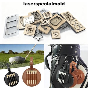 May include: The image showcases a variety of golf accessories and tools. There are several wooden molds with intricate designs, a golf club poised to hit a ball, and golf tee holders in black and brown leather. The text "laserspecialmold" is visible at the top.