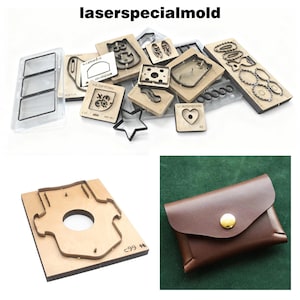 May include: A collection of various wooden leathercraft molds and a brown leather wallet with a gold button closure. The molds include shapes like stars, hearts, and geometric designs. The text "laserspecialmold" is at the top.