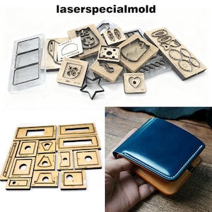 Może przedstawiać: Kolekcja drewnianych form do rzemiosła skórzanego w różnych kształtach, w tym formy geometryczne, gwiazdy, serca i wzory dekoracyjne. Widoczny jest również niebiesko-brązowy skórzany portfel. Tekst "laserspecialmold" znajduje się u góry.