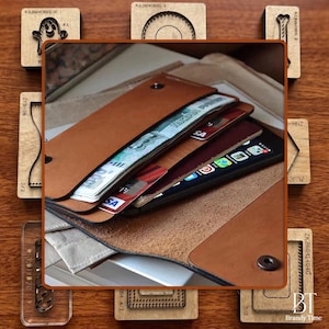May include: A brown leather wallet with a snap closure, filled with cash, credit cards, and a smartphone. The wallet is open, displaying its contents. Surrounding the wallet are wooden craft tools.