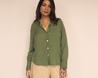 Linen Button-Up Shirt: Beige & Green, Shell Buttons, Lightweight Coverup