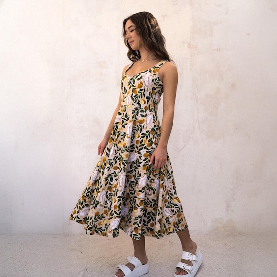 Cockatoo & Lemon Print Midi Dress - Fit and Flare Sundress with Pockets