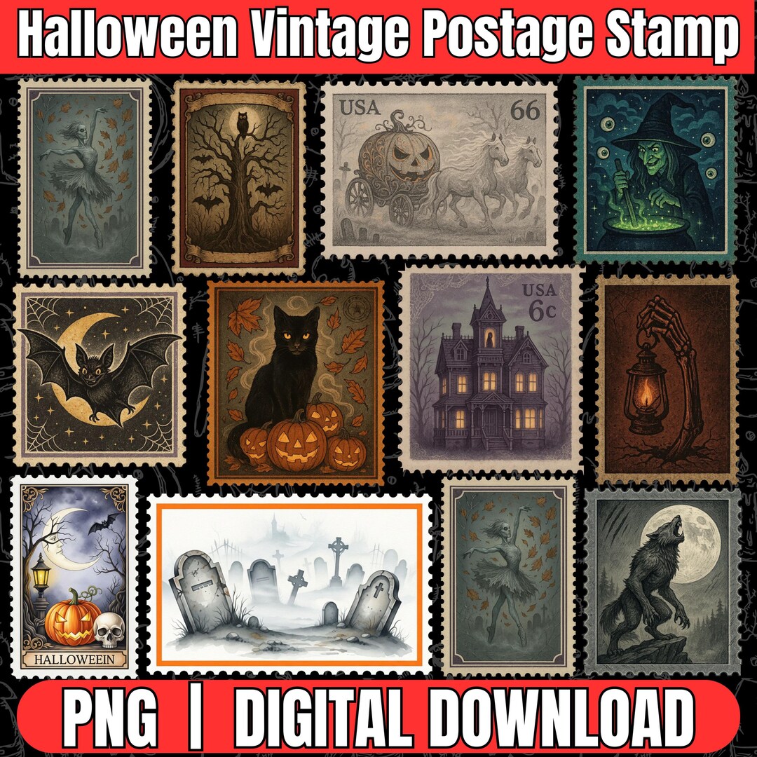Halloween Postage Stamp Clipart: Vintage Ghost, Black Cat PNG Stickers ...