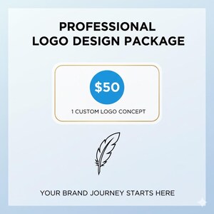 May include: An advertisement for a professional logo design package. The image features the text "PROFESSIONAL LOGO DESIGN PACKAGE". A blue circle displays "£50" and "1 CUSTOM LOGO CONCEPT". A feather graphic and the text "YOUR BRAND JOURNEY STARTS HERE" are also included.