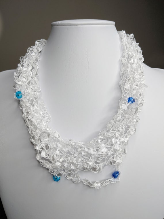 White Crocheted Necklace With Crystal Beads