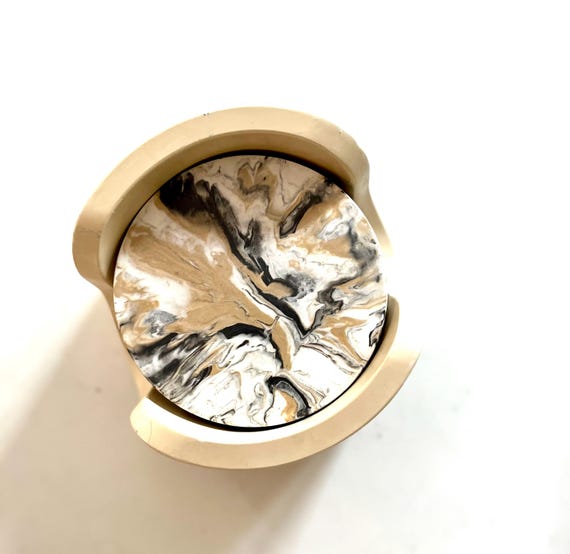 Handmade Coaster Set Marbled in Jesmonite| Black Gold Cream Stone Drink Coasters (5-Piece Set)