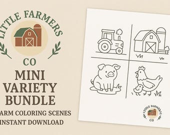 May include: A beige background with the text "Little Farmers Co Mini Variety Bundle" and "4 Farm Coloring Scenes Instant Download." A white paper displays four farm-themed line drawings: a tractor, barn, pig, and hen.
