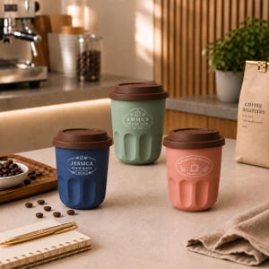 Könnte beinhalten: Drei wiederverwendbare Kaffeebecher mit dunkelbraunen Deckeln, bestehend aus einem blauen Becher mit der Aufschrift JESSICA HOUSE BLEND, einem grünen mit EMMA'S COFFEE CLUB und einem korallenfarbenen mit SOPHIA'S CORNER CAFE. Jeder Becher hat eine abgerundete Basis.