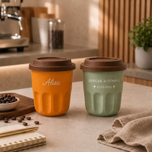 May include: Two reusable cups with brown lids, one orange and one sage green. The orange cup features the name Alisa in white script. The sage green cup features the text BERGER & DONNA with the date 22.05.2026 and two small heart icons in white.