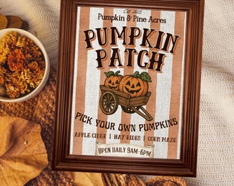 Rustieke pompoenpatchprint: kruiwagen Jack-o'-Lantern, vintage boerderijdecor (digitale download A4