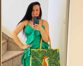 Hand Painted Floral Tote Bag with Bird – Botanical Linen Market Bag