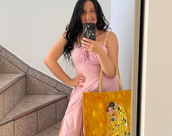 Hand Painted Floral Tote Bag with Bird – Botanical Linen Market Bag