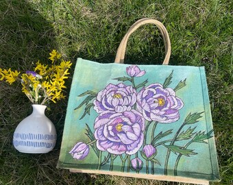 Hand Painted Floral Tote Bag with Bird – Botanical Linen Market Bag