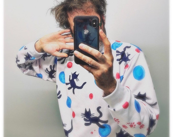 The Cure Robert Smith Lovecats Into the Sea Curethreads Jumper - Custom Printed Cats and Dots Unisex White Sweatshirt