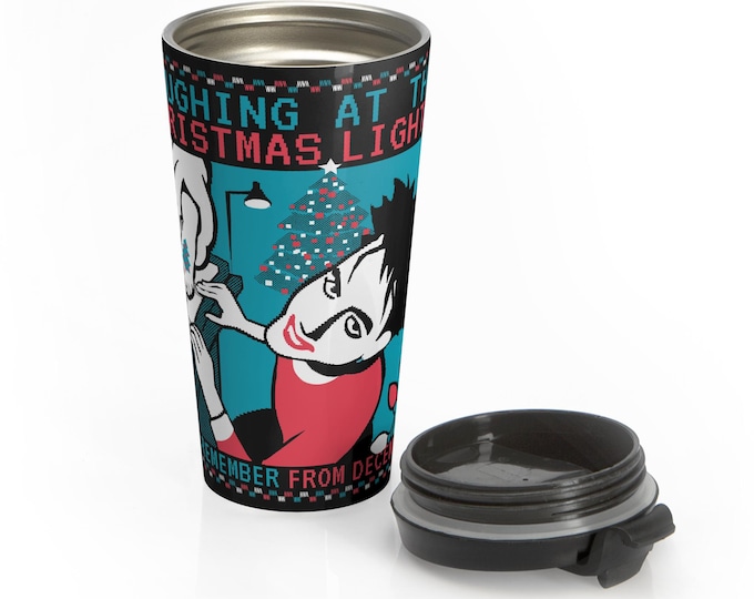 Robert Laughing at the Christmas Lights travel mug | 1980s The Cure bitmap art by Curethreads