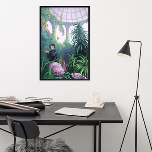 May include: A framed illustration of a person standing in a greenhouse with lush greenery, flowers, and butterflies. The person is wearing a black jacket and is looking at the butterflies.