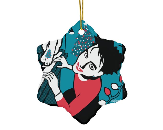 The Cure Christmas Ornament, Robert Smith Laughing, 80s Darkwave Bitmap
