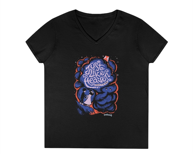 Curethreads Womens V-Neck Tee - Just Like Heaven Tribute Album Artwork Tee, Mary + Robert Dancing Under Stars, Blue Vermillion + Lavender