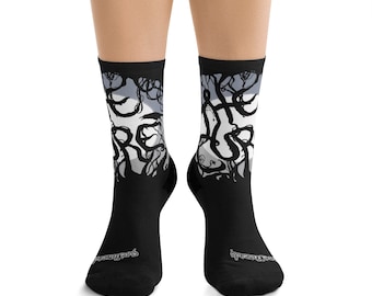 Creepy Forest Crow Black + White Recycled Poly Socks