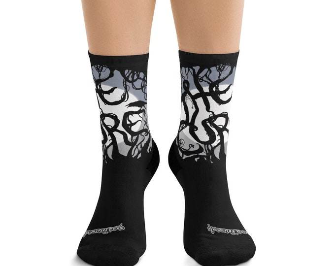Creepy Forest Crow Black + White Recycled Poly Socks